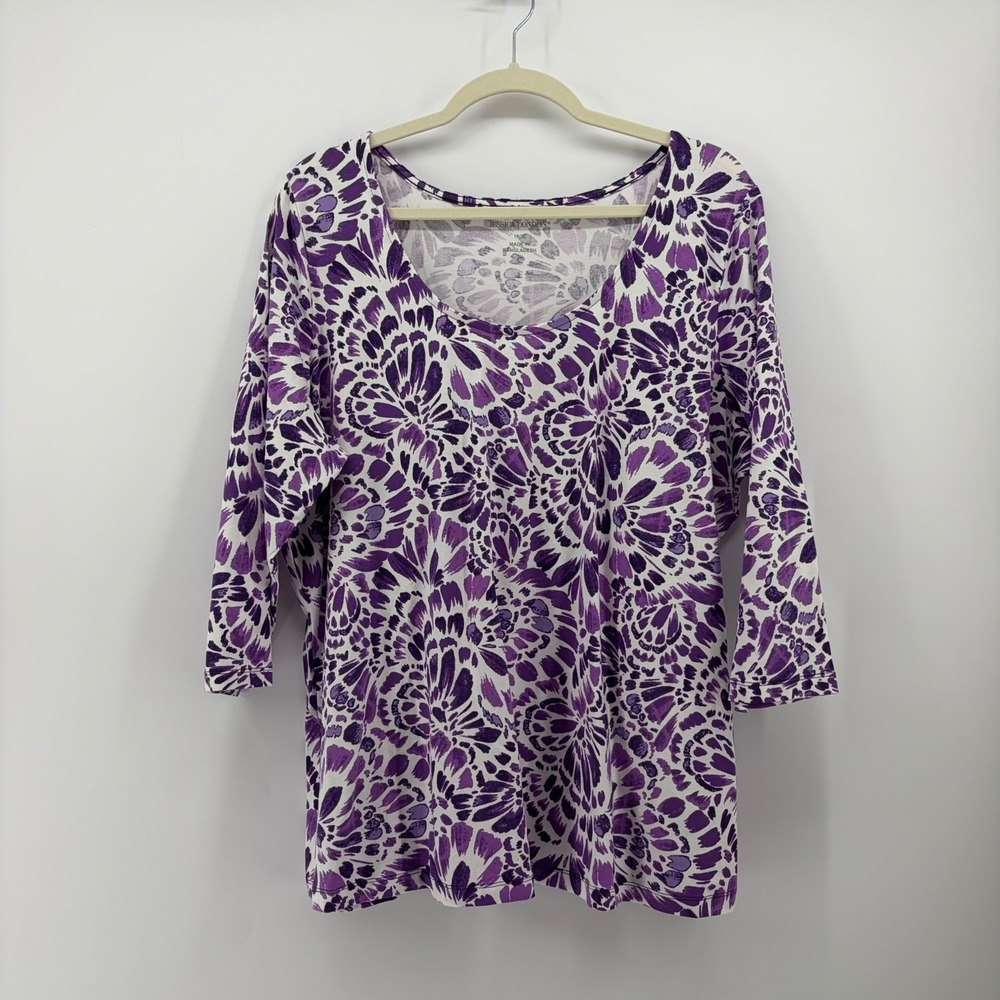 Jessica London Womens 18/20 Purple Abstract Floral 3/4 Sleeve Scoop Neck Top